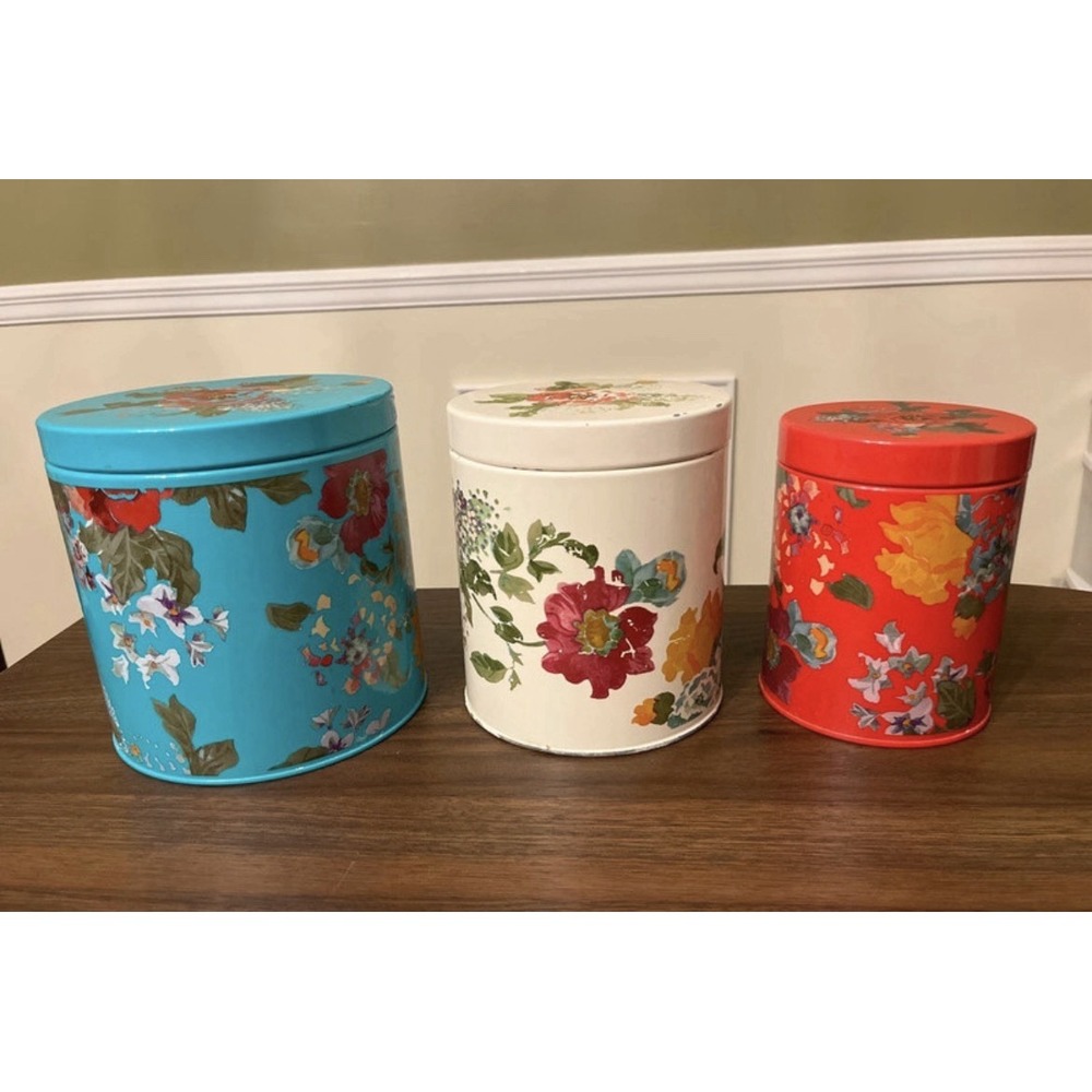 3 Pioneer Woman Metal Canisters Set with Lids Floral Design Retro Farmhouse Boho